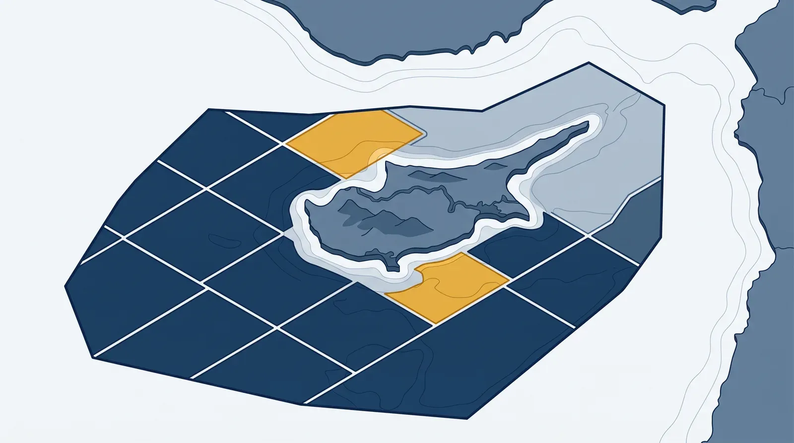 Isometric technical illustration of the Cyprus EEZ divided into 13 offshore exploration blocks
