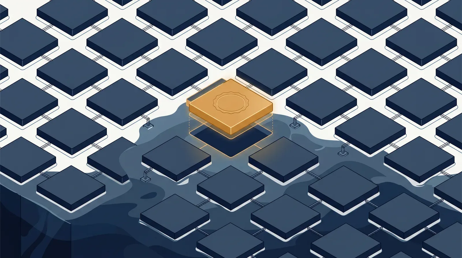 Isometric technical illustration of Cyprus offshore licensing: a highlighted block raised above the sea surface