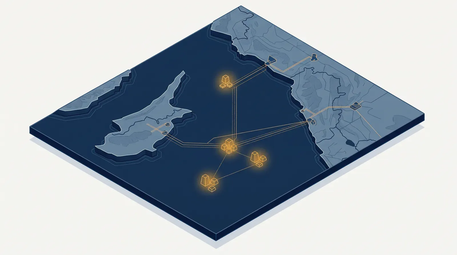 Stylized isometric map of the Eastern Mediterranean gas region with offshore field markers