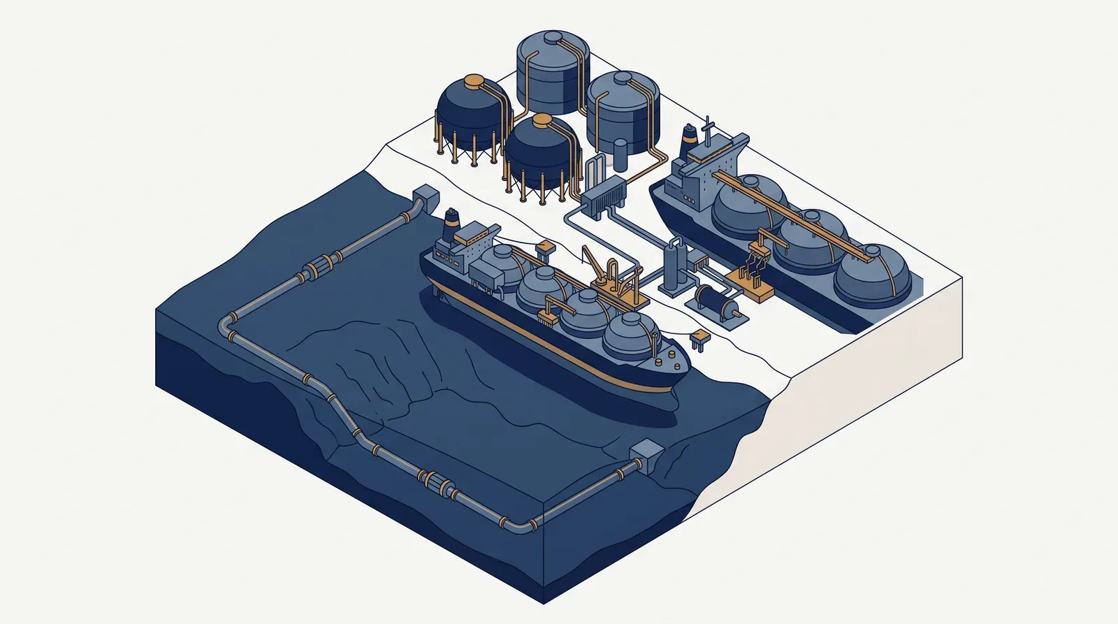 Isometric technical illustration of gas export infrastructure: subsea pipeline, LNG terminal and carrier