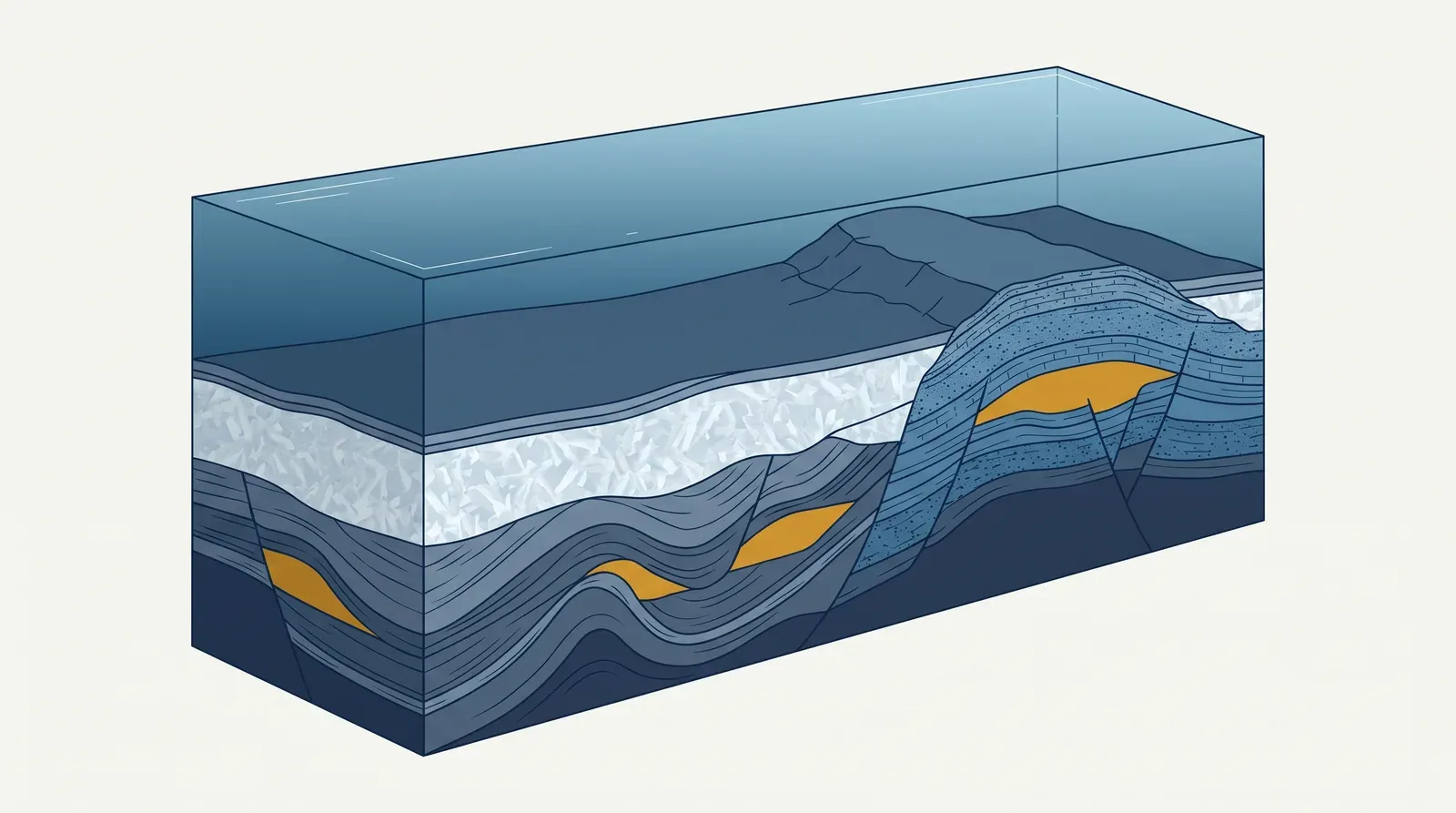 Geological cross-section illustration of the Levantine Basin: salt blanket, turbidite sandstone gas reservoirs and a carbonate platform