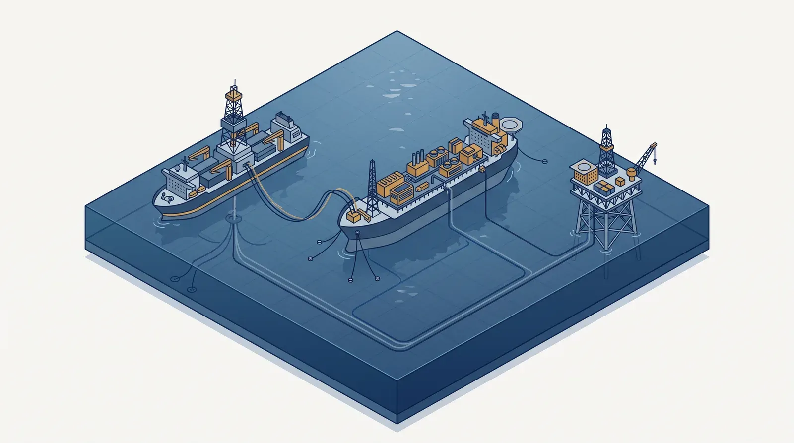 Isometric technical illustration of an offshore fleet: drillship, production vessel and platform