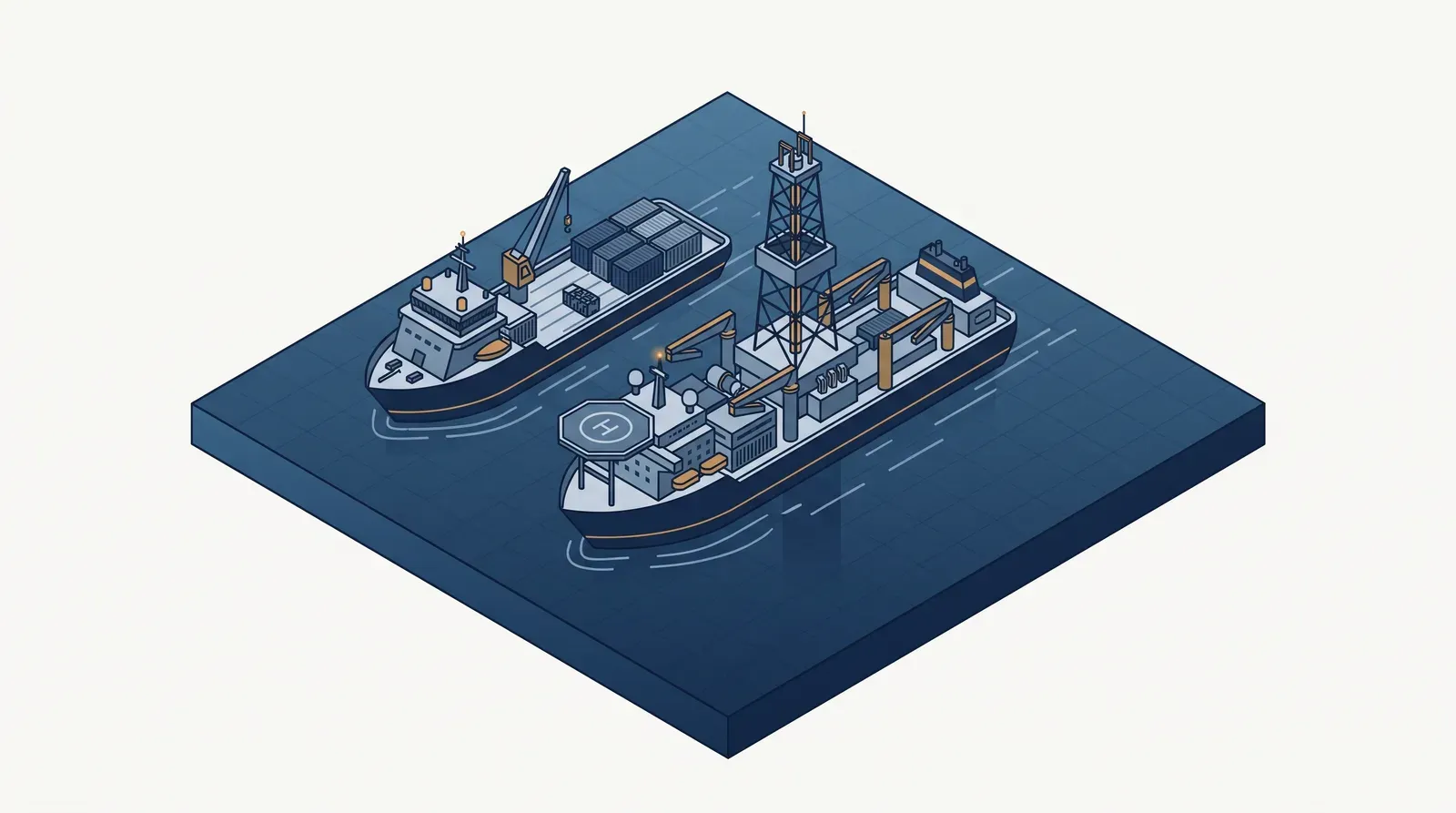 Isometric technical illustration of offshore oil and gas operations with drillship and support vessel