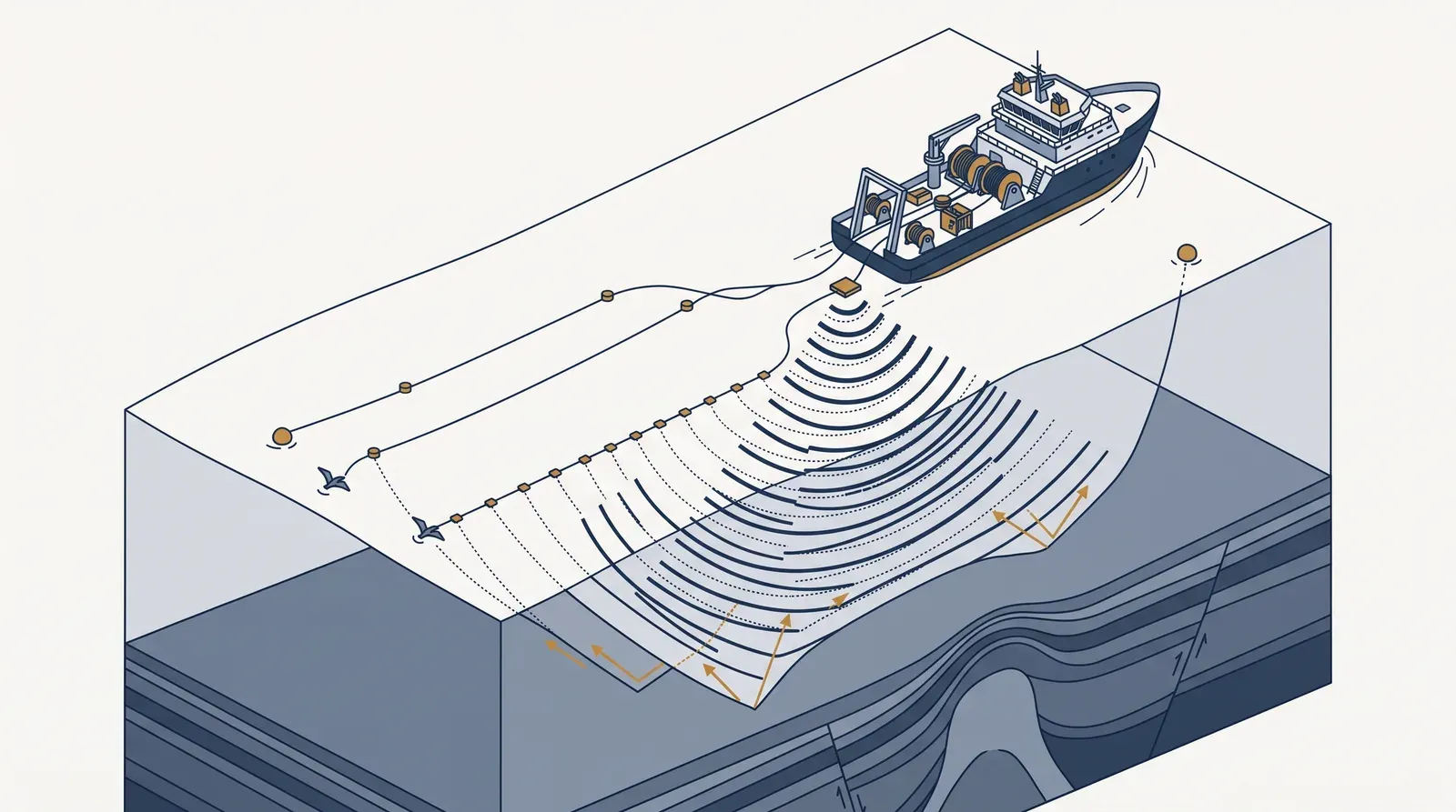 Isometric technical illustration of a seismic survey vessel towing streamer cables over layered seabed strata
