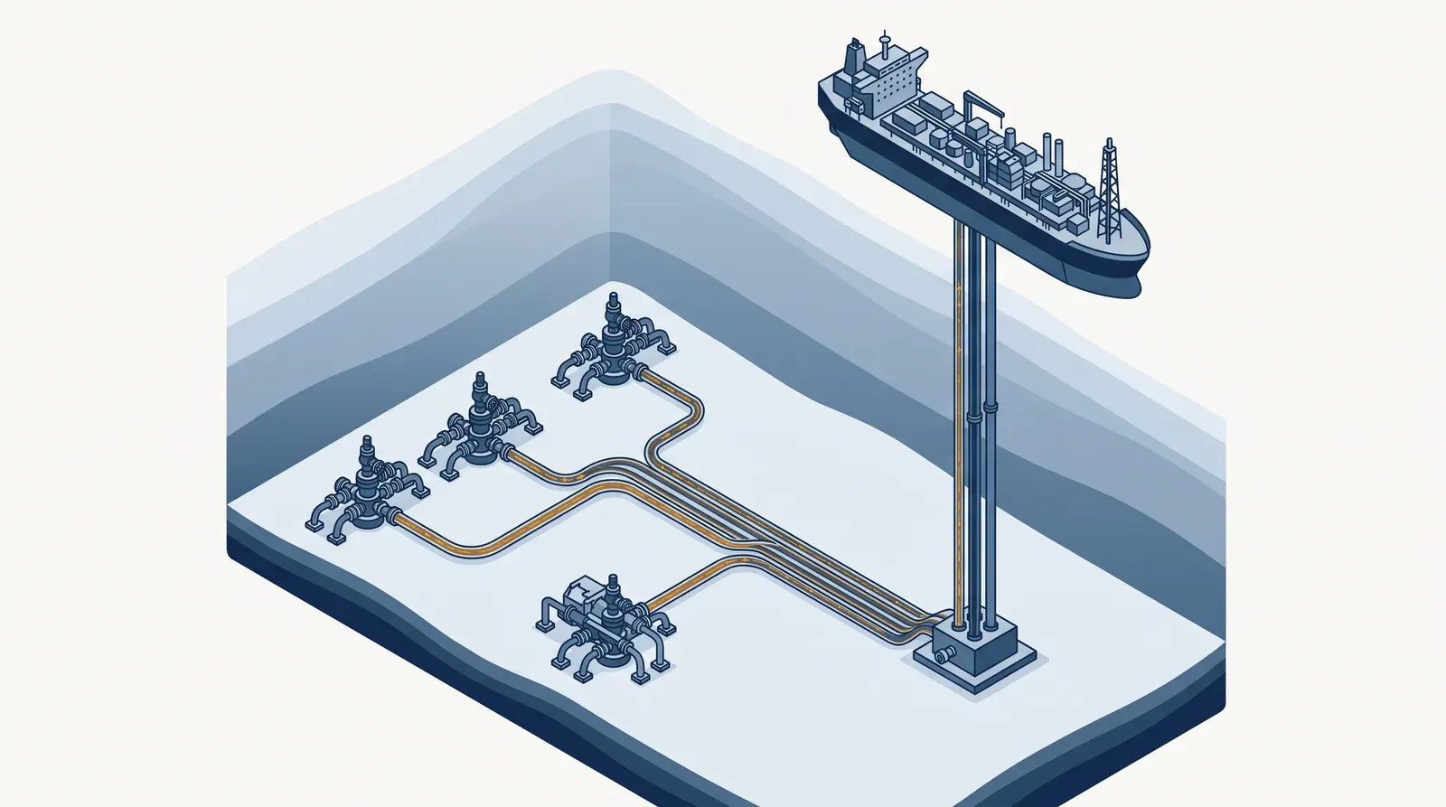 Isometric technical illustration of subsea gas field development: wellheads, manifolds and riser to a floating production vessel